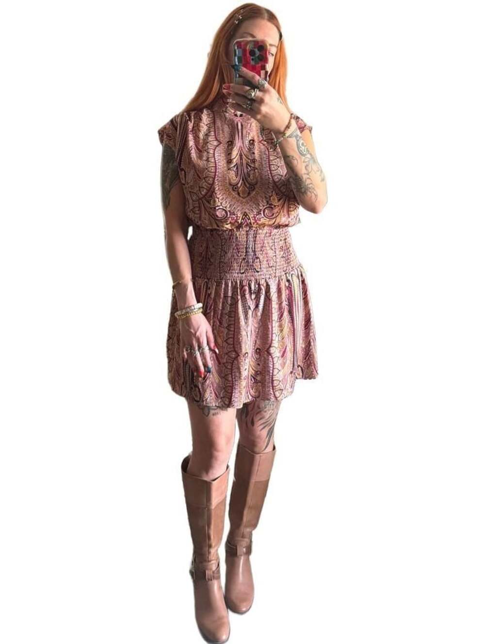 Express Y2K Paisley Tapestry Dress Mock Neck Smocked Drop Waist